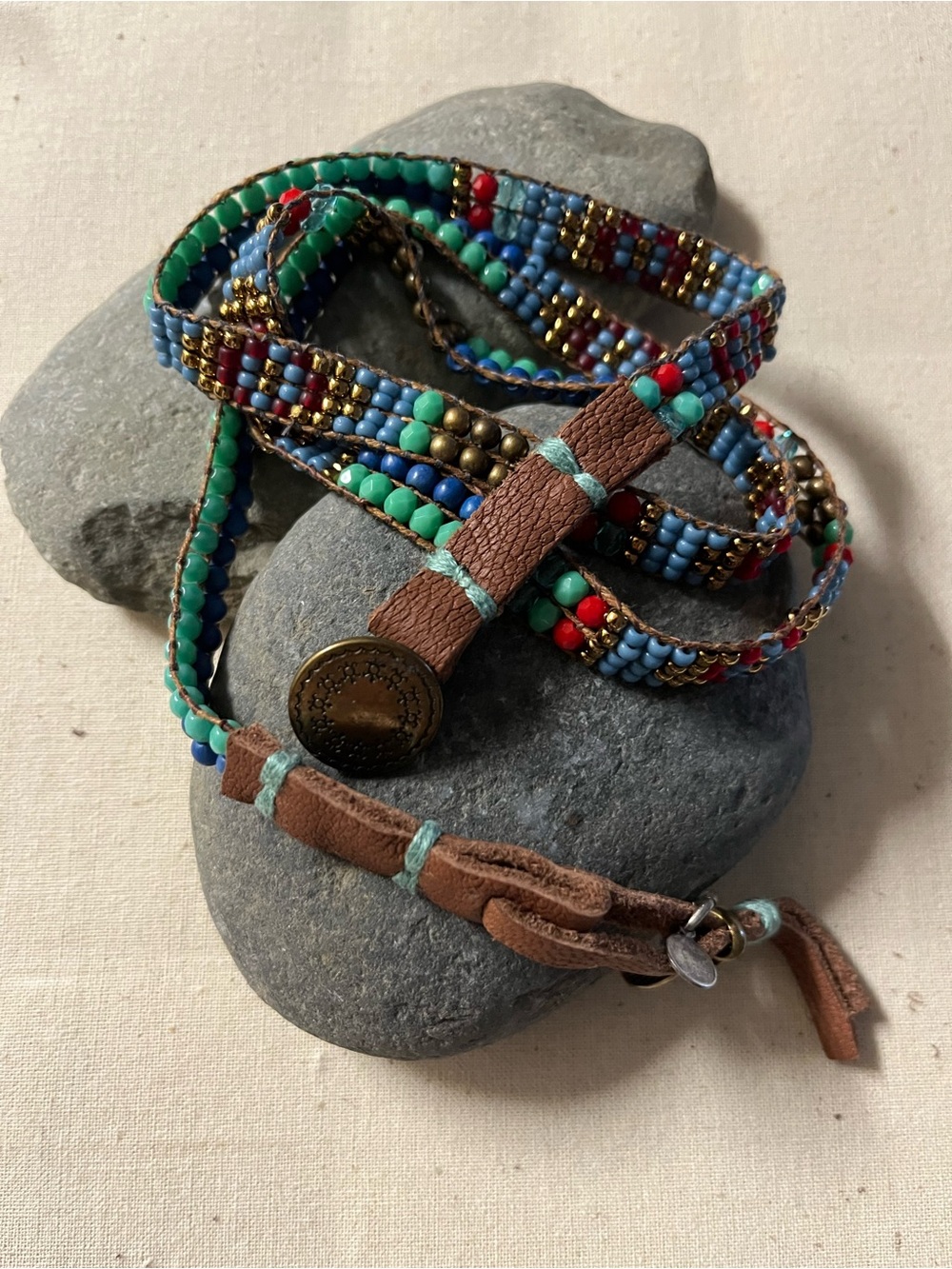 Handmade Multi-Color Beaded Wrap Bracelet with Brown Leather